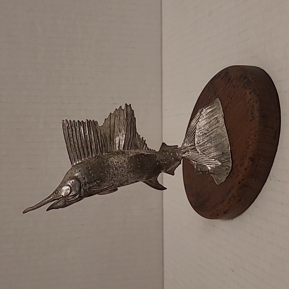 Vintage Signed Sailfish Figurine on Wood Base